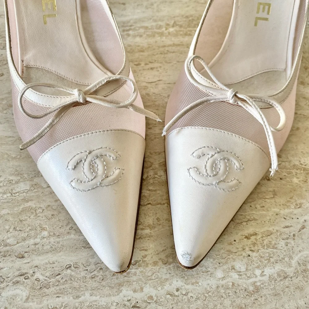 Vintage Chanel Mesh CC Bow Cap Toe Mule Heels - Picture 6 of 9